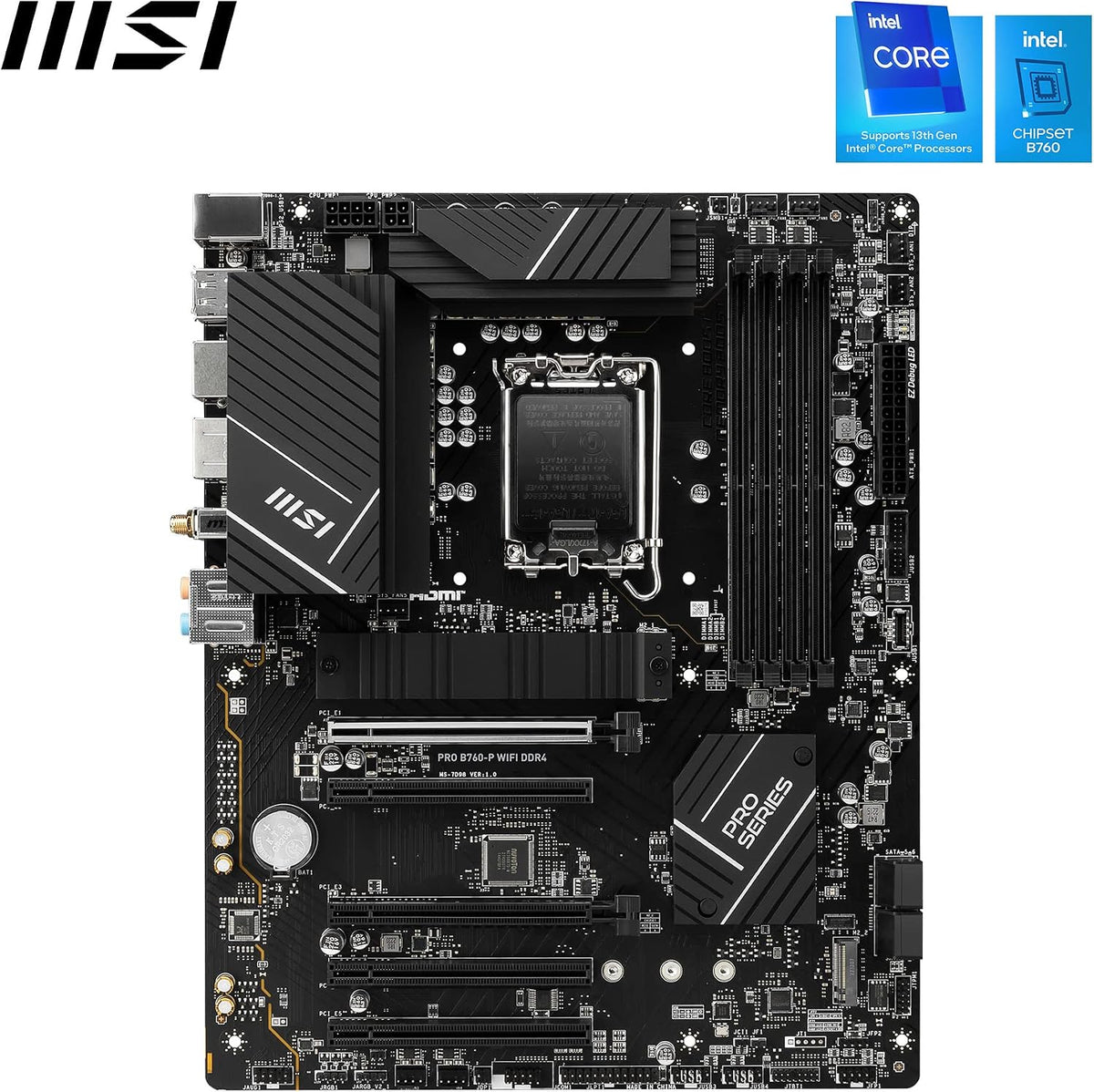 MSI PRO B760-P Wifi DDR4 Mainboard, ATX - Unterstützt Intel 12., 13. & 14. Gen Core Prozessoren, LGA 1700 - DDR4 Memory Boost 5333+Mhz/Oc, Pcie 4.0 X16 Slots, M.2 Gen4 Slots, 2.5G LAN, Wi-Fi 6E