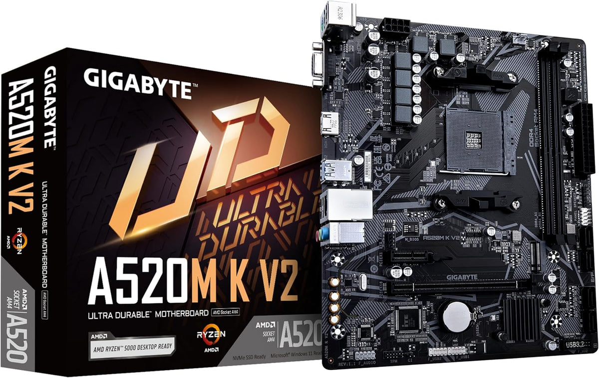 GIGABYTE A520M K V2 Mainboard - Unterstützt AMD Ryzen 5000 Serie AM4 Cpus, Bis Zu 5100Mhz DDR4 (OC), Pcie Gen3 X4 M.2, Gbe LAN, USB 3.2 Gen 1