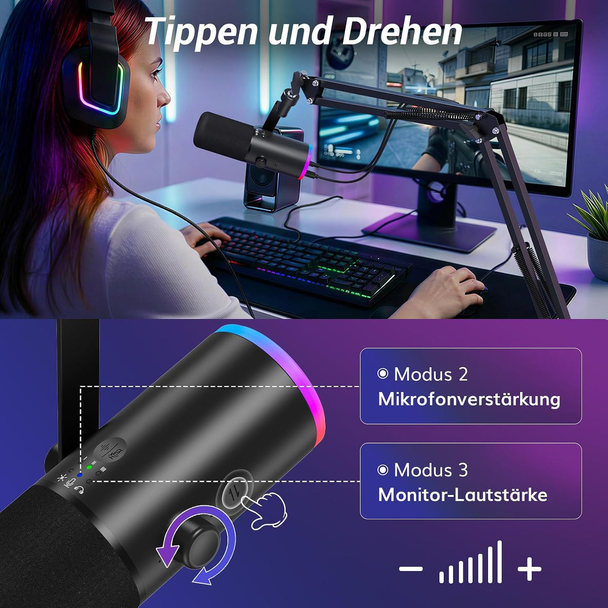 TONOR Dynamisches Gaming Mikrofon, XLR/USB Mikro, Ai-Geräuschunterdrückung