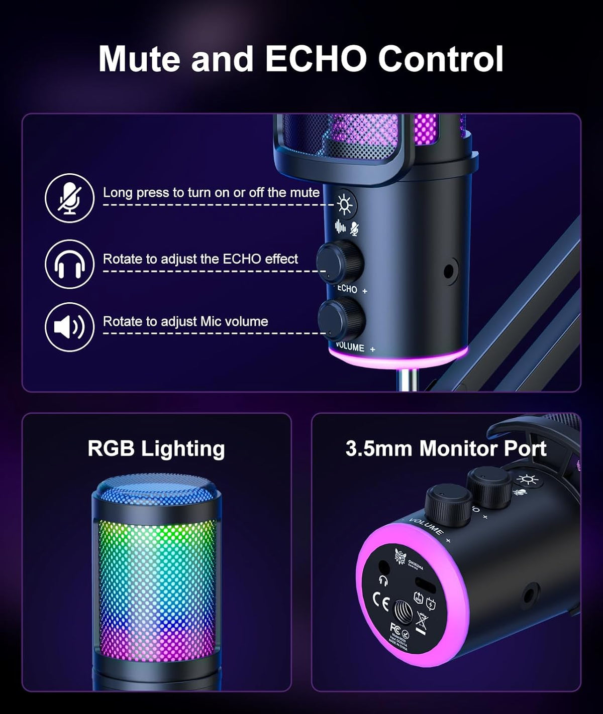 Gaming USB Mikrofon, Kondensatormikrofon Mit Geräuschunterdrückung, Nachhallregelung, Überwachung Für Streaming, Podcasting, Discord, Youtube, PC, Computer, PS4, PS5, Mac
