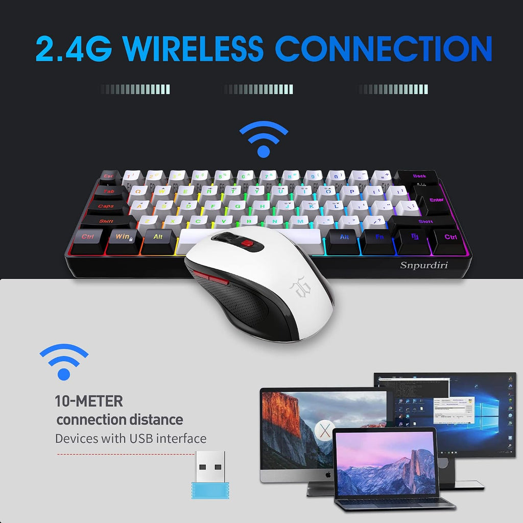 Snpurdiri 60% Prozent Tastatur Maus Set Kabellos, Wireless Gaming Combo, Enthalten 2.4G Small Mini 60% Merchanical Feel Tastatur, Ergonomisches Design Vertical Feel Maus (Blackwhite)