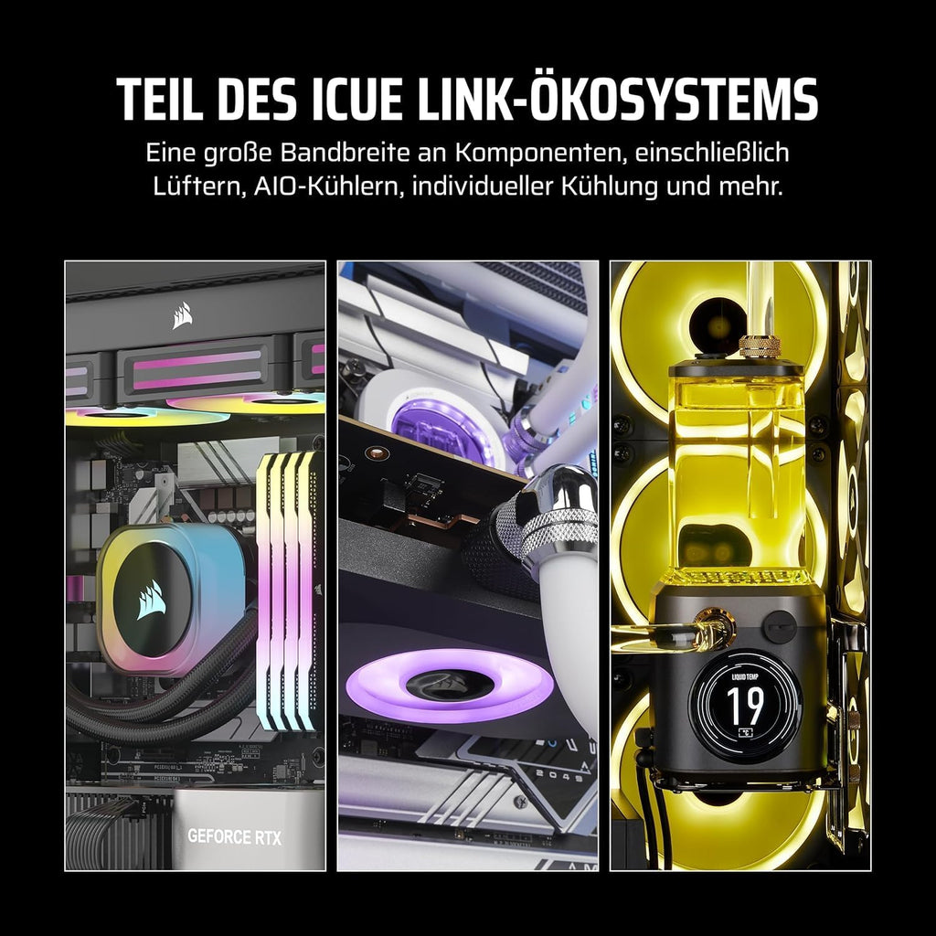 CORSAIR Icue LINK LX120-R RGB 120Mm Pwm-Umkehrlüfter – Dreifach-Lüfter-Kit – Geräuscharm, CORSAIR Magnetische Kuppellagerung, Zwei Lichtschleifen, Quikturn™-Schrauben, Null-Drehzahl-Modus – Schwarz