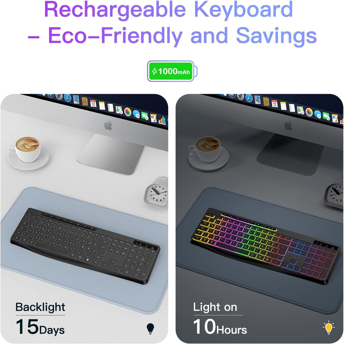 TECURS Tastatur Kabellose Gaming - Leise Tastatur QWERTZ Beleuchtet Ergonomisch Wasserdicht, 2.4Ghz Led Keyboard Für Windows/Mac /PS4/ Xbox Mit Multimedia-Tasten Schwarz