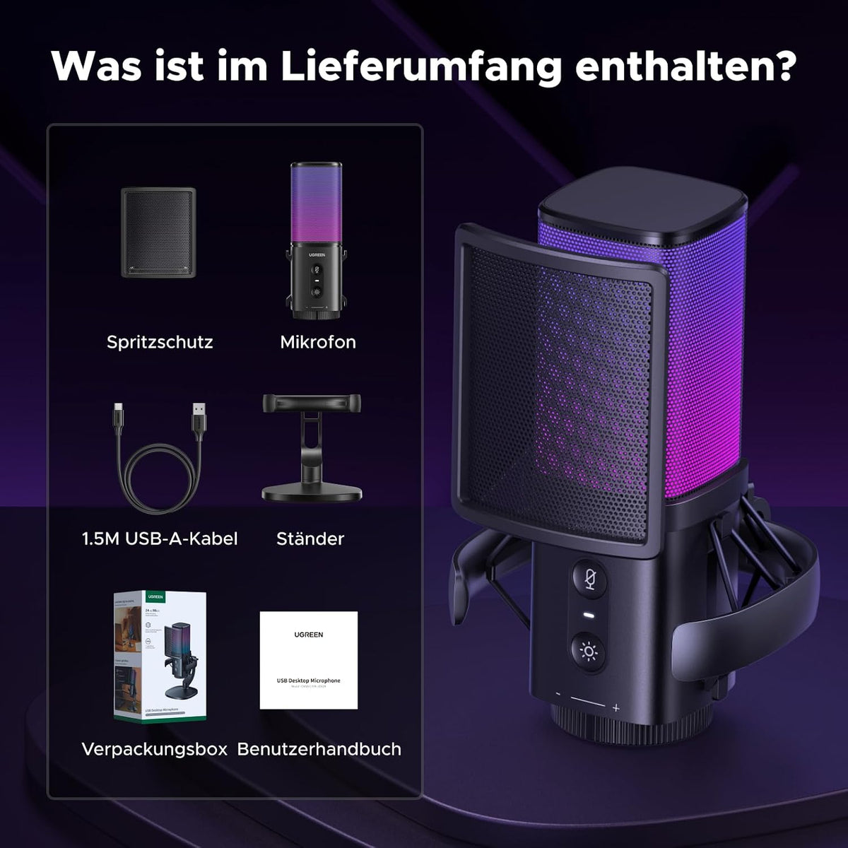 UGREEN Gaming Mikrofon Mit RGB, Dsp-Rauschunterdrückung, 96Khz/24Bit