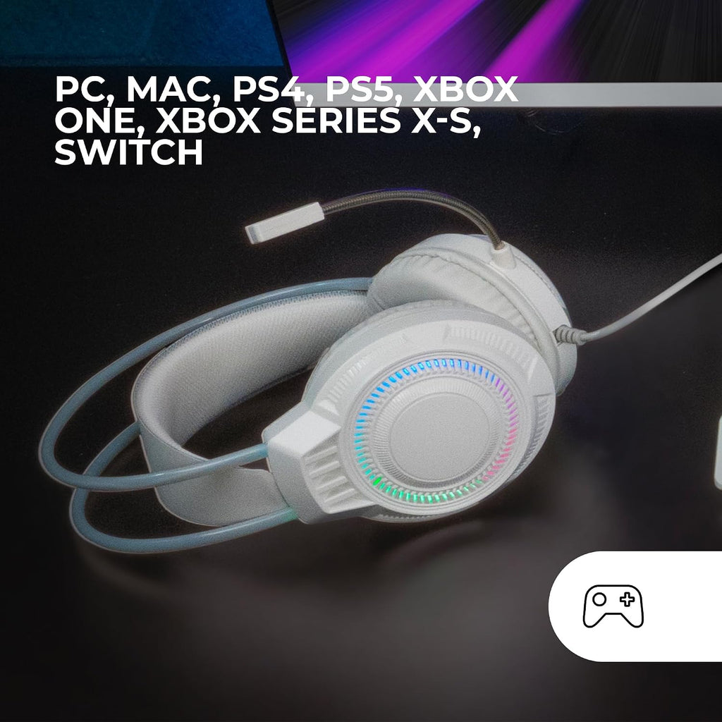 Mars Gaming MH124, Gaming-Kopfhörer FRGB Rainbow, Ergonomisches Design, Flexibles Mikrofon, Lautstärkeregler, Windows, Linux, Mac, PS4, PS5, Xbox One, Xbox Series X|S, Switch, Switch 2, Weiß