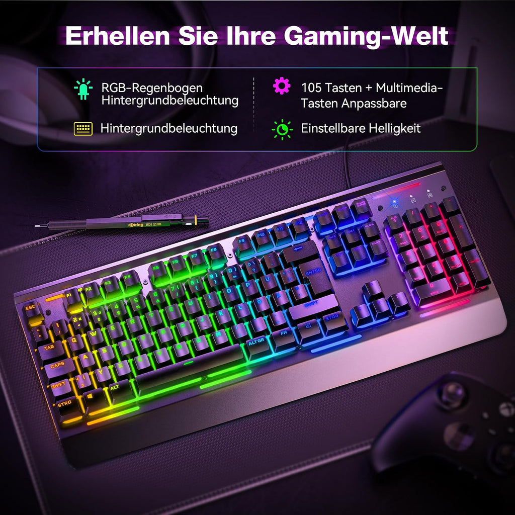 TECKNET Gaming Tastatur 105 Tasten Membrantastatur Mit Vollmetall-Gehäuse