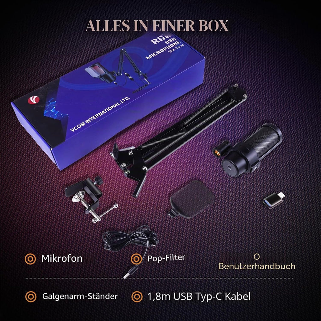 VCOM Gaming Mikrofon Mit Arm, USB Microphone Kit Mit RGB Modi, Mute