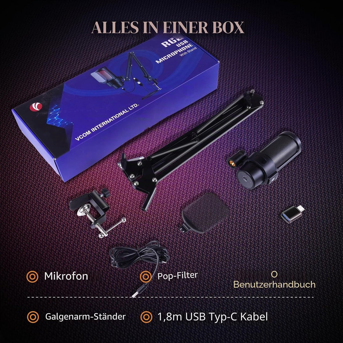 VCOM Gaming Mikrofon Mit Arm, USB Microphone Kit Mit RGB Modi, Mute