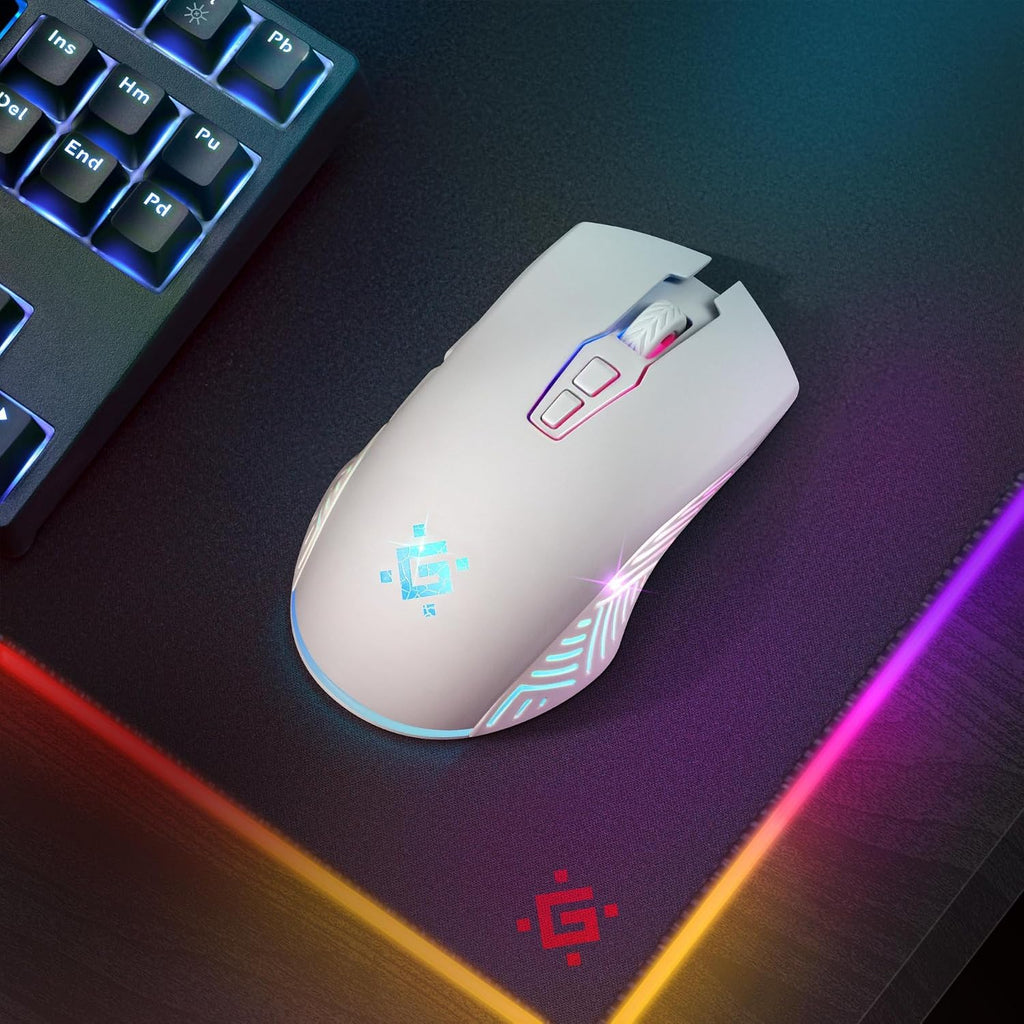 Defender® Pandora Kabellose Gaming Maus - Geräuschlose Klicks - 5 Programmierbare Tasten - Rgb-Beleuchtung(On/Off) - Bis Zu 120 Hrs Akkulaufzeit - Wireless Gamer Maus Für PC, Mac, Laptop, Weiß