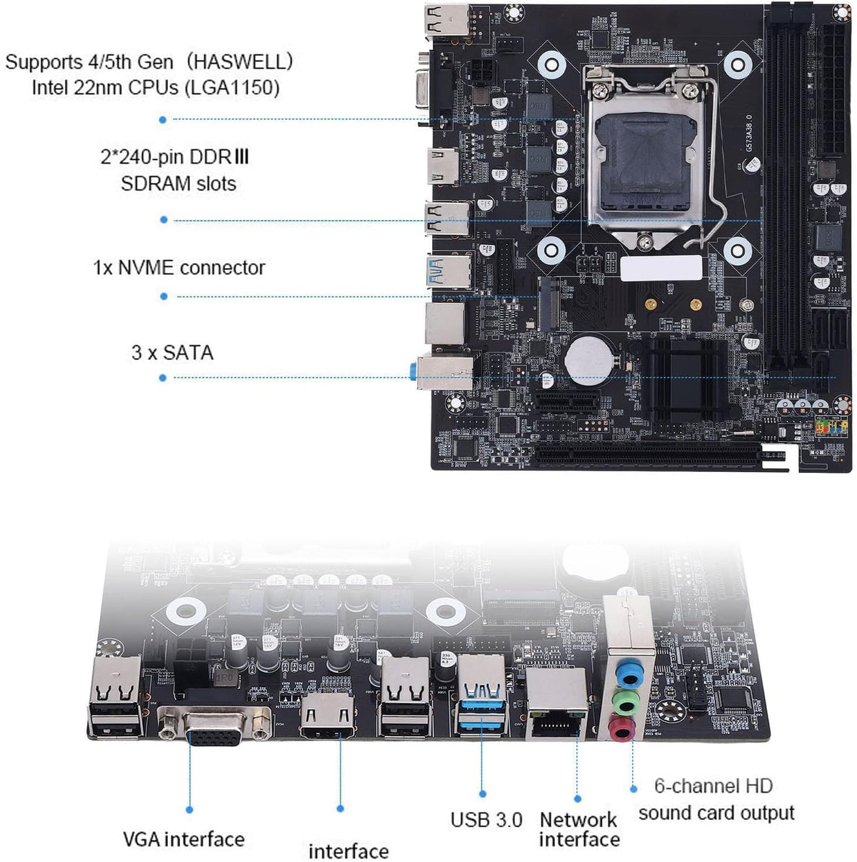 H81 Gaming Motherboard, LGA 1150 Micro ATX PC Motherboard, 2X8 GB DDR3 -Speicher M.2 NVME, NGFF SATA 3.0 6 GB/S PCI E