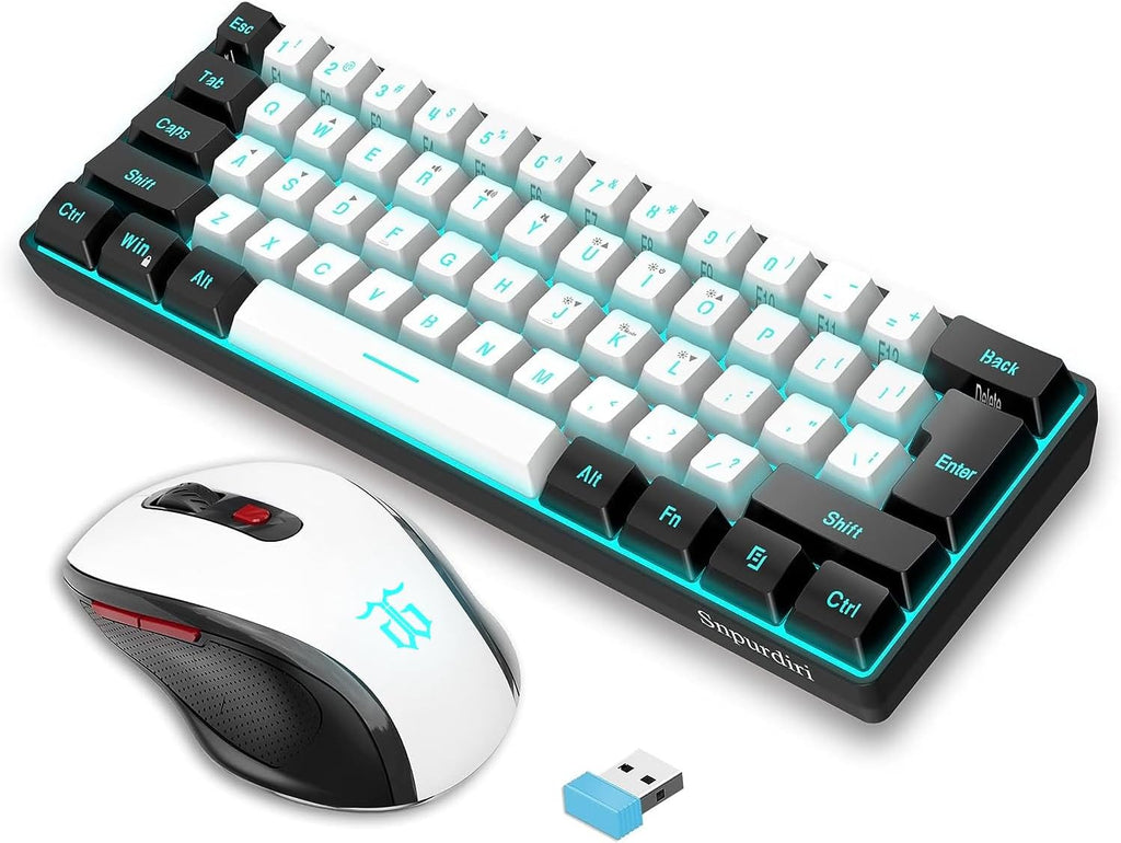 Snpurdiri 60% Prozent Tastatur Maus Set Kabellos, Wireless Gaming Combo, Enthalten 2.4G Small Mini 60% Merchanical Feel Tastatur, Ergonomisches Design Vertical Feel Maus (Blackwhite)