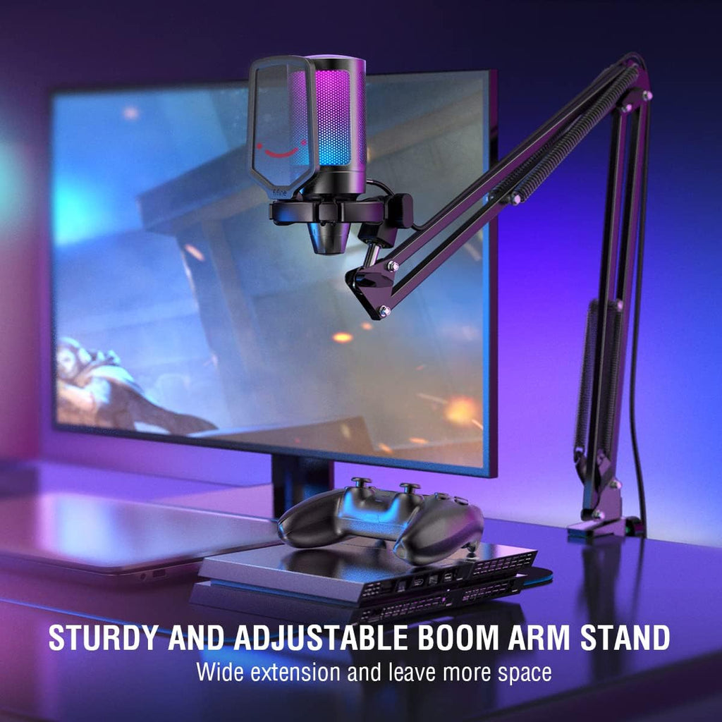 FIFINE Gaming Mikrofon PC Mit Arm, USB Microphone Kit Mit Stummschalttaste Für Podcast Streaming Studio, Für MAC PS4 PS5