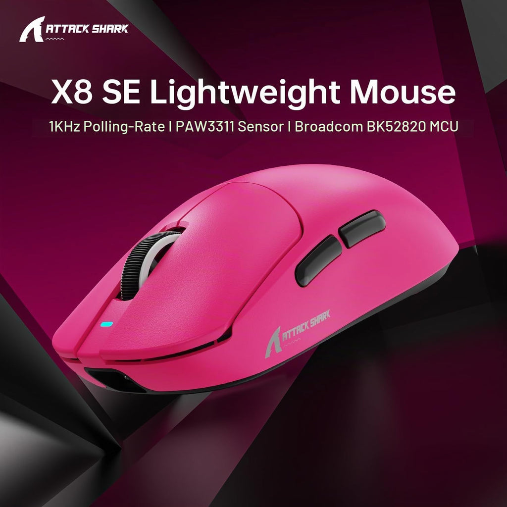 ATTACK SHARK X8SE Mouse for Large Hand, 55G Superlight, Pixart PAW3311 Gaming Sensor, BT/2.4G Wireless/Wired, Adjustable DPI up to 25000, 500Mah Battery (Berry Red)