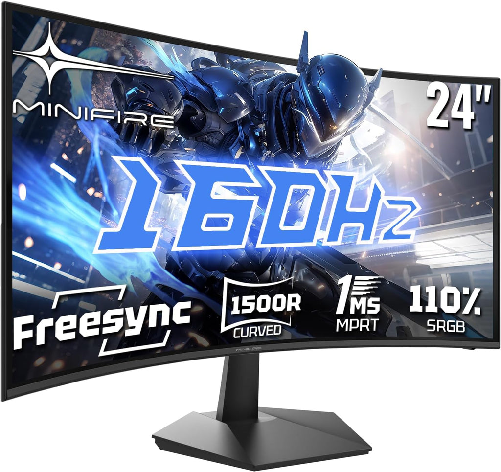 Minifire Gaming Curved Monitor 24 Zoll, 160Hz, Curved Gaming Monitor 1500R, 1Ms, Srgb110%, FHD 1080P Computer Screen, VESA Compatible, Eye Care Adaptive Sync HDMI＆DP Ports （MFG24C1L ）