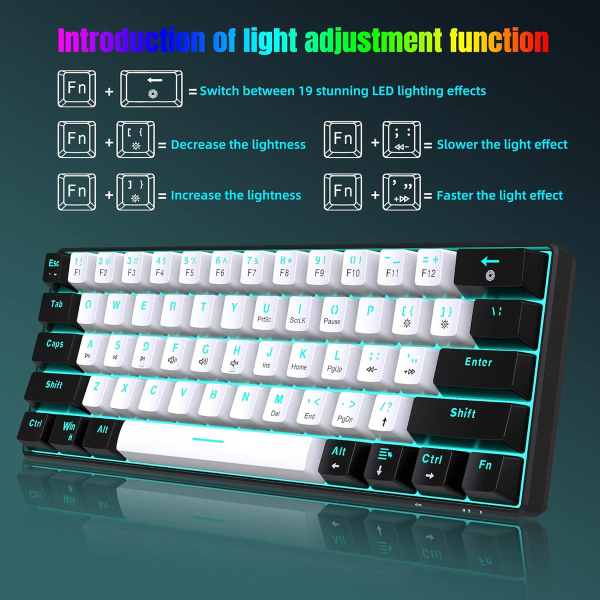 Snpurdiri 60% Kabelgebundene Mechanische Gaming-Tastatur, 61 Anti-Ghosting-Tasten, Blaue Led-Hintergrundbeleuchtung, Ultrakompakte Zwei Ständer(Braune Schalter/Schwarz Weiß)