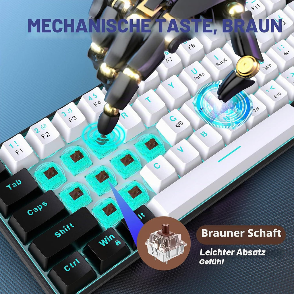 Snpurdiri 60% Kabelgebundene Mechanische Gaming-Tastatur, 61 Anti-Ghosting-Tasten, Blaue Led-Hintergrundbeleuchtung, Ultrakompakte Zwei Ständer(Braune Schalter/Schwarz Weiß)
