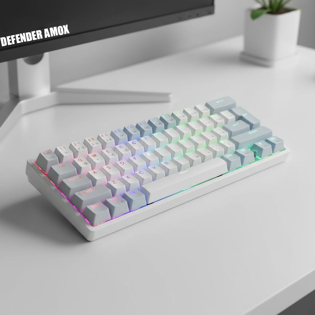 Defender® AMOX GK-585 Ultrakompakte Mechanische Tastatur – 61 Tasten Doppeleinspritzung + Hot Swap Auf OUTEMU Brown-Schaltern + Abnehmbares Typ-C-Kabel, Weiß