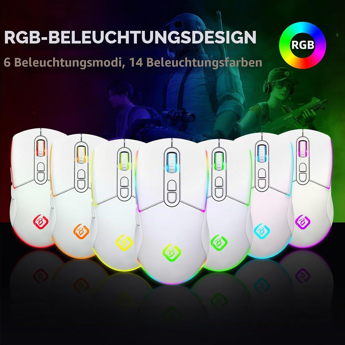 Kabellose Gaming Maus, Dual Mode 2.4Ghz/Bluetooth 5.1 Maus Gaming, RGB LED Hintergrundbeleuchtung, Ergonomische Maus Mit 6 Tasten, Wiederaufladbare Computer Maus Für PC, Mac, Laptop (Weiß)
