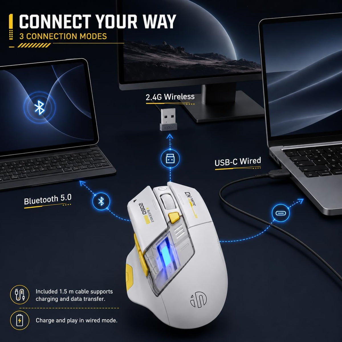 Inphic A9 Explorer V2 Tri‑Modus Kabellose Leise Gaming‑Maus, 12800 DPI
