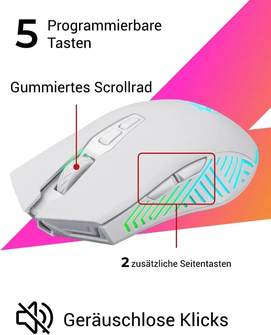 Defender® Pandora Kabellose Gaming Maus - Geräuschlose Klicks - 5 Programmierbare Tasten - Rgb-Beleuchtung(On/Off) - Bis Zu 120 Hrs Akkulaufzeit - Wireless Gamer Maus Für PC, Mac, Laptop, Weiß
