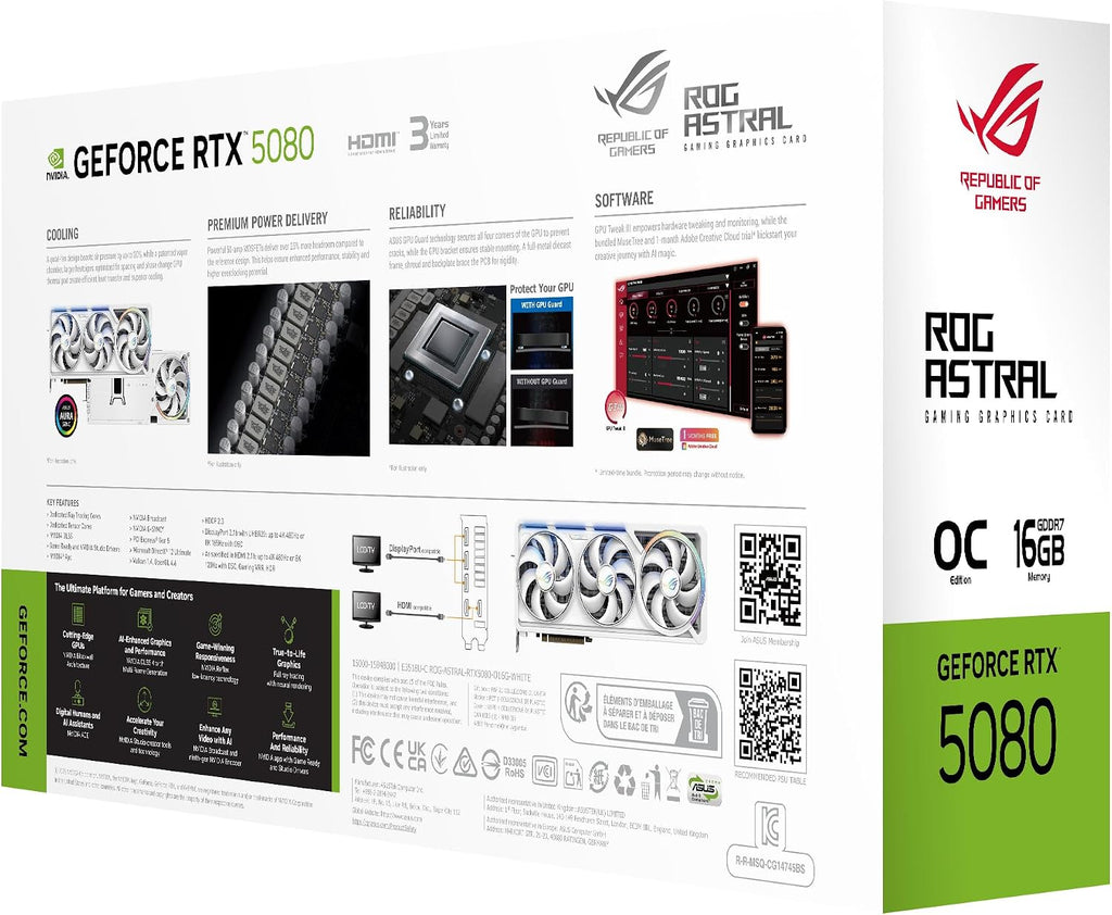 ASUS ROG Astral NVIDIA Geforce RTX™ 5080 16 GB GDDR7 White OC Edition – Quad-Fan Gaming-Grafikkarte Liefert Beispiellosen Luftstrom Und Luftdruck Für Optimale Leistung, 3 Jahre Garantie