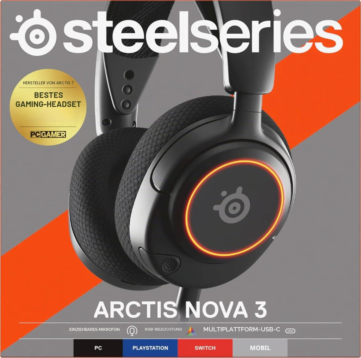 Steelseries Arctis Nova 3 - Multi-System Gaming-Headset – Hi-Fi-Treiber – 360° Surround-Sound –Rgb-Beleuchtung – Memory Foam-Ohrpolster – Ultraleicht – Clearcast Gen 2-Mikrofon – PC, PS5, PS4, Switch