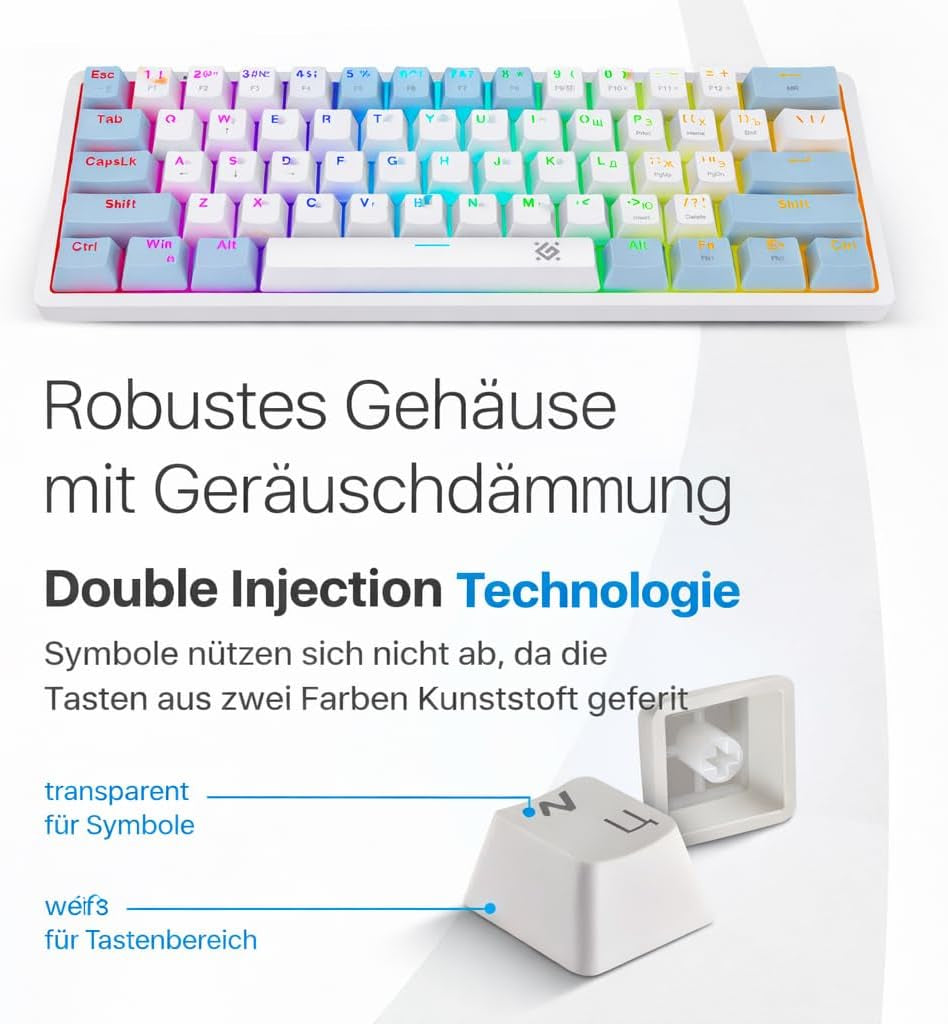 Defender® AMOX GK-585 Ultrakompakte Mechanische Tastatur – 61 Tasten Doppeleinspritzung + Hot Swap Auf OUTEMU Brown-Schaltern + Abnehmbares Typ-C-Kabel, Weiß