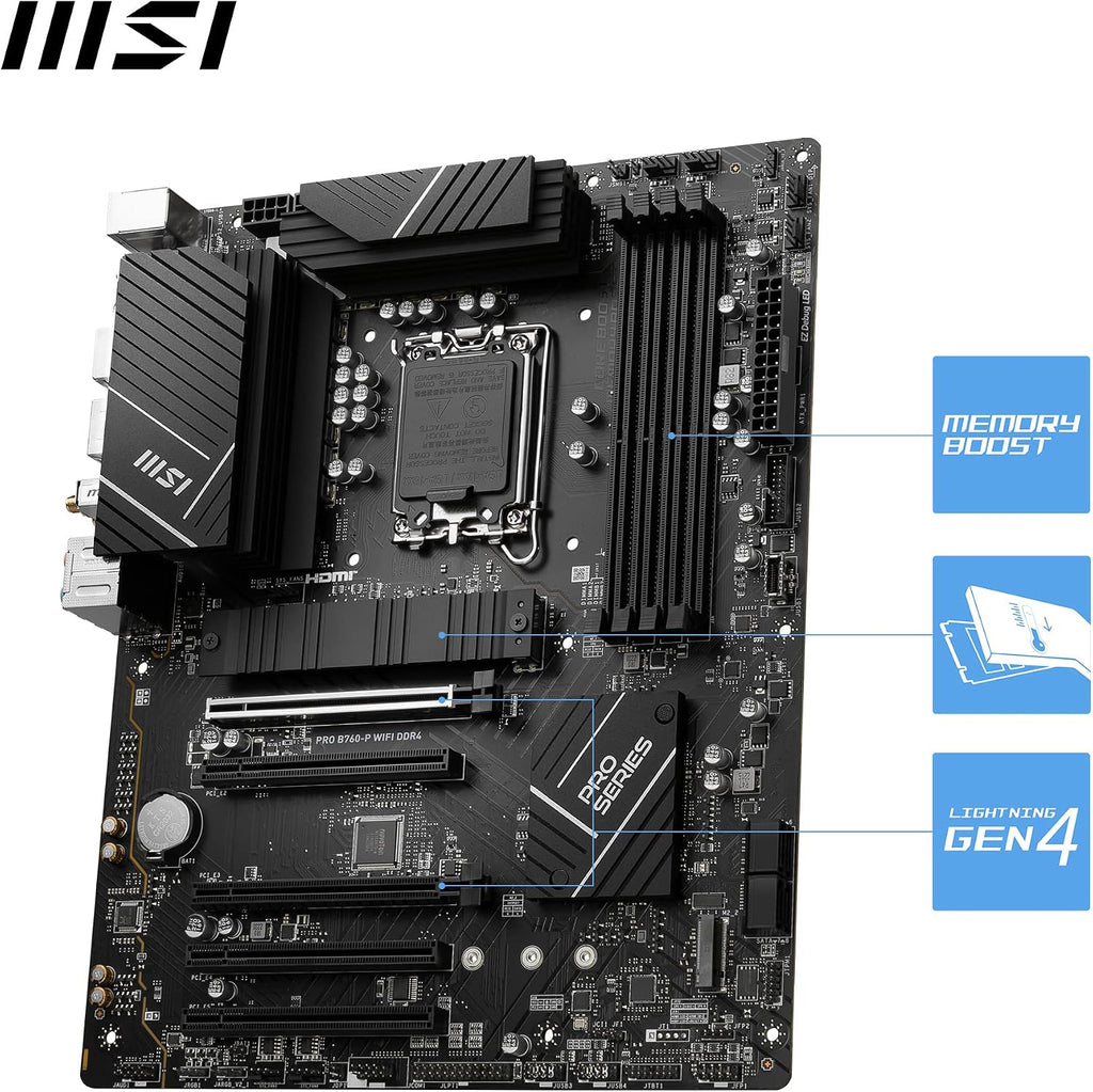 MSI PRO B760-P Wifi DDR4 Mainboard, ATX - Unterstützt Intel 12., 13. & 14. Gen Core Prozessoren, LGA 1700 - DDR4 Memory Boost 5333+Mhz/Oc, Pcie 4.0 X16 Slots, M.2 Gen4 Slots, 2.5G LAN, Wi-Fi 6E