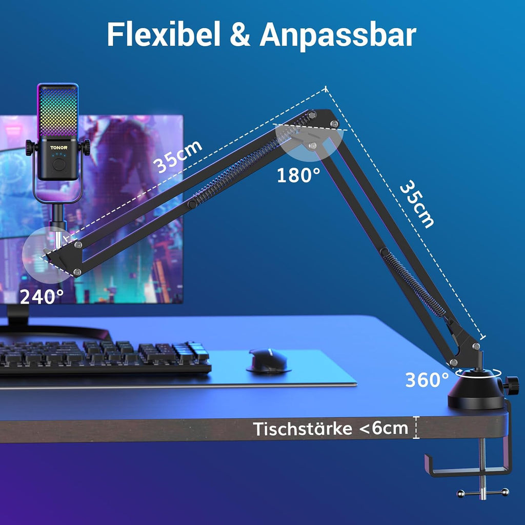 TONOR Gaming Mikrofon Kompatibel Mit Xbox, Kondensator Mikrofon Mit RGB, Mute/Gain Kontrolle/Überwachung, 30 Std. Akkulaufzeit Microphone Für Spielkonsole, 200 Cm Kabel, Mikrofonarm, Weiß, TCX3+