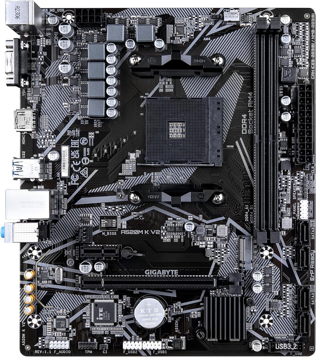 GIGABYTE A520M K V2 Mainboard - Unterstützt AMD Ryzen 5000 Serie AM4 Cpus, Bis Zu 5100Mhz DDR4 (OC), Pcie Gen3 X4 M.2, Gbe LAN, USB 3.2 Gen 1