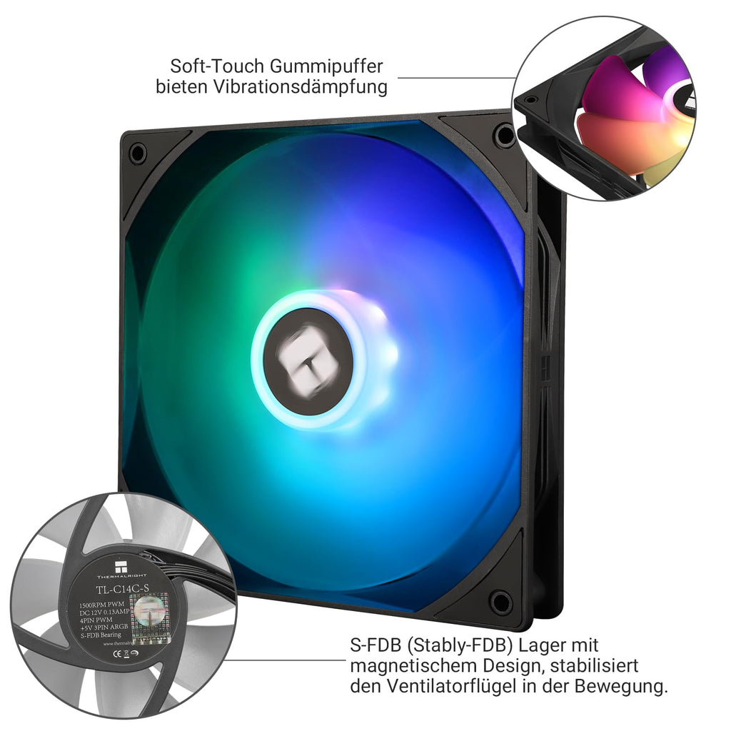 Thermalright TL-C14C-S Cpu-Lüfter 140Mm Argb-Gehäusekühlerlüfter, 4Pin PWM Silent Computerlüfter Mit S-Fdb-Lager Im Lieferumfang Enthalten, Bis Zu 1500 U/Min Lüfter