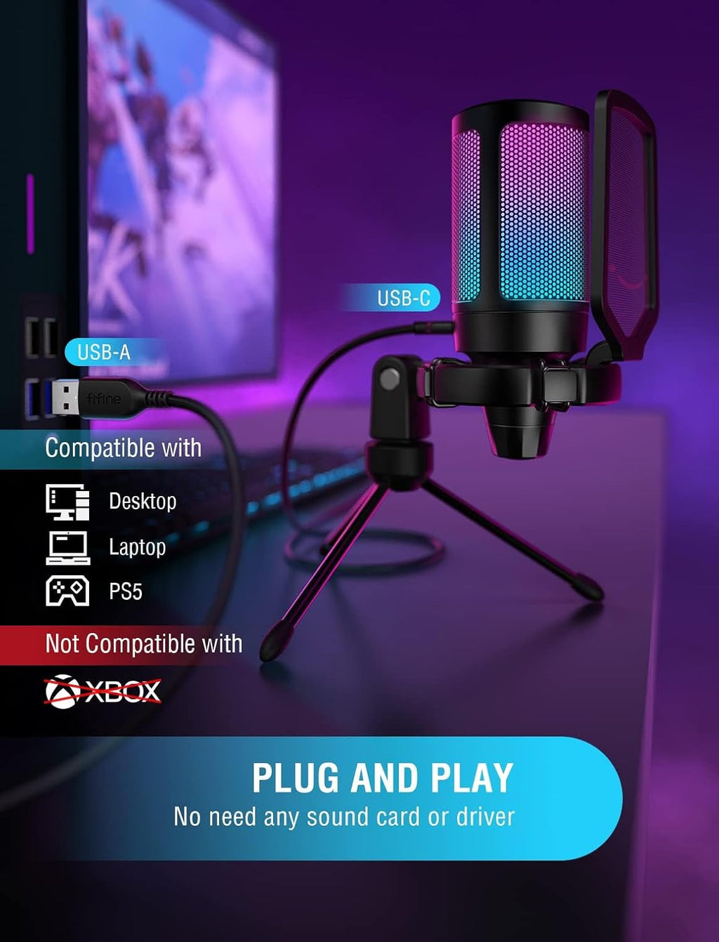 FIFINE Gaming Mikrofon PC, USB Microphone Für Streaming Podcast Studio, Mit Mikrofon Ständer Und Stummschalttaste, Für PS4 PS5 Mac