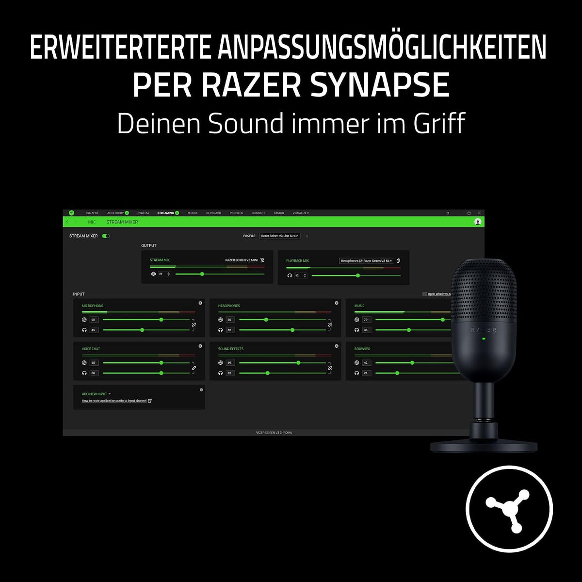 Razer Seiren V3 Mini - Ultrakompaktes Usb-Mikrofon (14Mm Supernieren Kondensatormikrofon, Tap-To-Mute-Sensor Mit Led-Anzeige, Integrierter Stoßdämpfer, Plug-And-Play Design) Schwarz