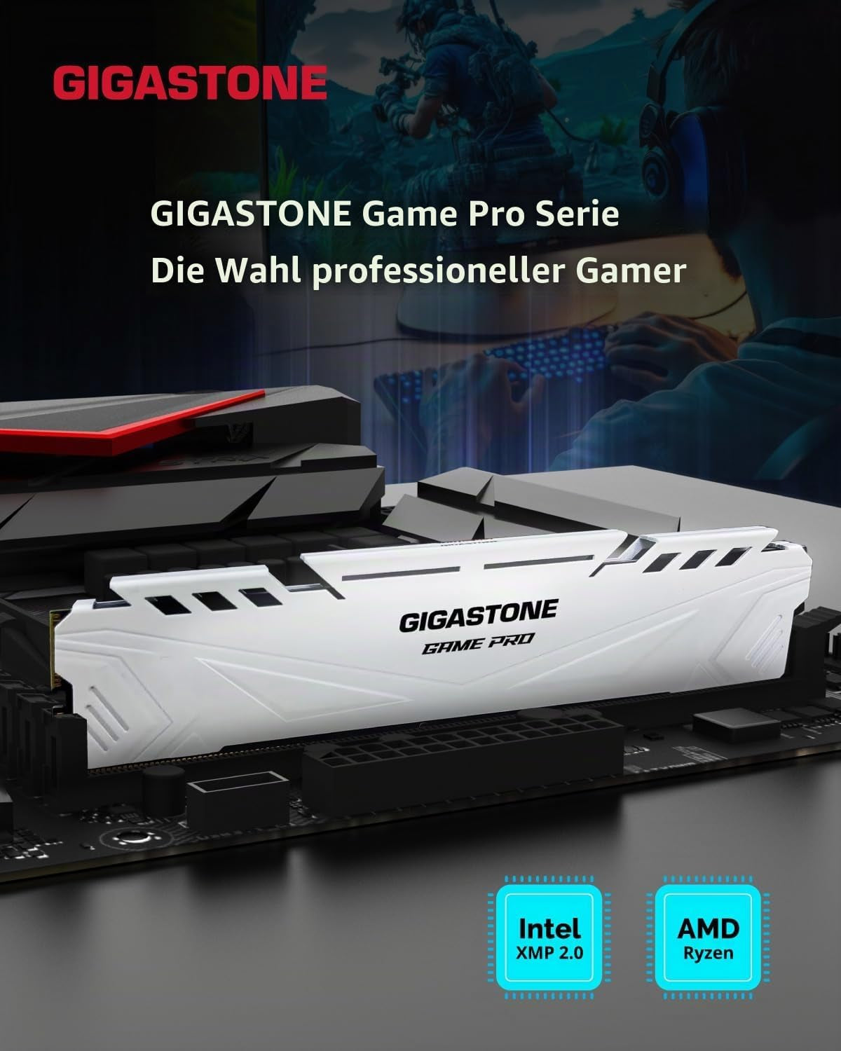 【DDR4 RAM】 GIGASTONE Game PRO 16GB Kit(2X8Gb) DDR4 3200Mhz PC4-25600 CL16-18-18-40 Intel XMP 2.0 AMD Ryzen 1.35V UDIMM 288Pin Nicht-Ecc Ungepuffert Desktop Hochleistung Arbeitsspeicher-Weiß