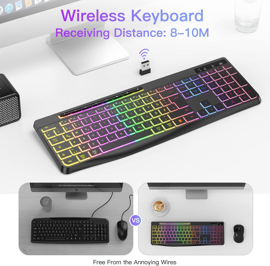 TECURS Tastatur Kabellose Gaming - Leise Tastatur QWERTZ Beleuchtet Ergonomisch Wasserdicht, 2.4Ghz Led Keyboard Für Windows/Mac /PS4/ Xbox Mit Multimedia-Tasten Schwarz