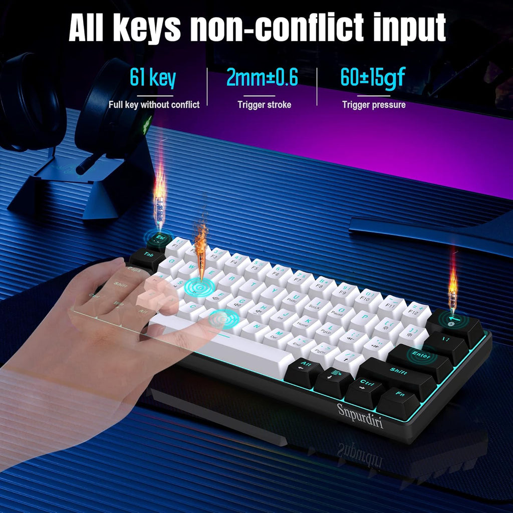 Snpurdiri 60% Kabelgebundene Mechanische Gaming-Tastatur, 61 Anti-Ghosting-Tasten, Blaue Led-Hintergrundbeleuchtung, Ultrakompakte Zwei Ständer(Braune Schalter/Schwarz Weiß)
