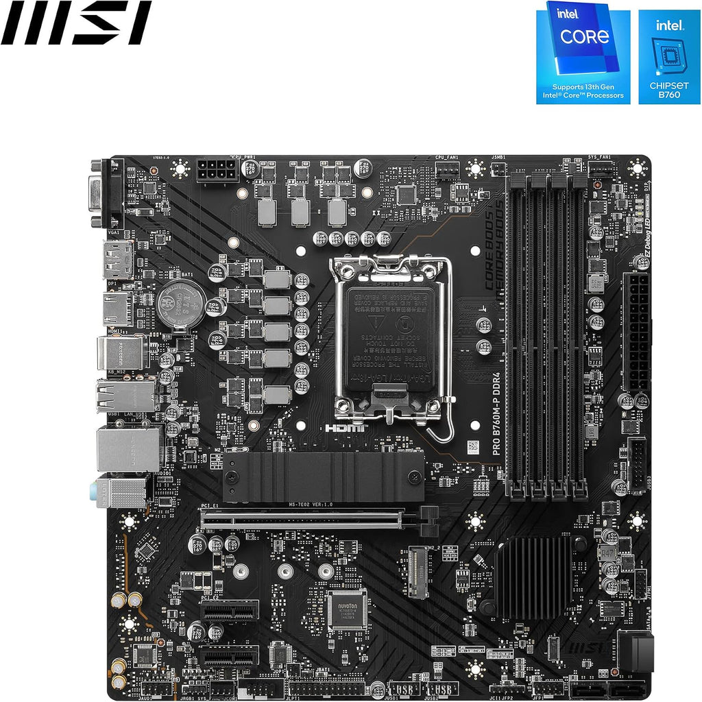 MSI PRO B760M-P DDR4 Mainboard, Unterstützt Intel 12., 13. & 14. Gen Core Prozessoren, LGA 1700, DDR4 Memory Boost 4800+Mhz/Oc, Pcie 4.0 X16 Slot, M.2 Gen4 Slots, Micro-Atx,Divers,M-Atx