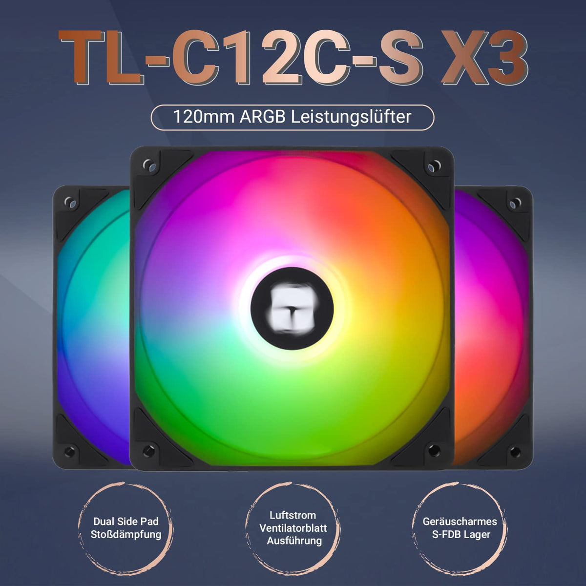 Thermalright TL-C12C-S Cpu-Lüfter 120Mm ARGB Gehäuselüfter, 4Pin PWM Silent Computer Lüfter Mit S-FDB Lager Enthalten, Bis Zu 1500RPM Lüfter（3 Stück）