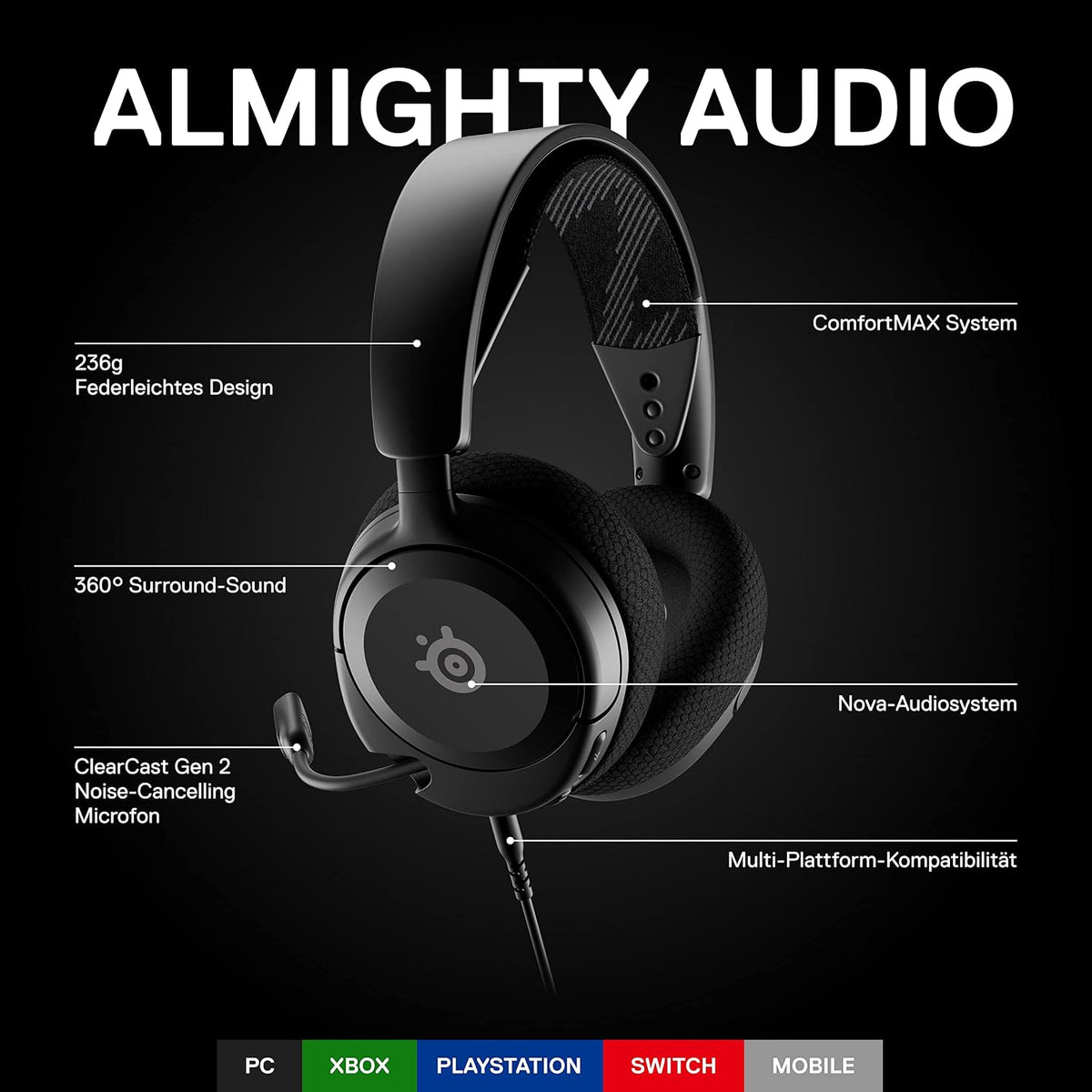 Steelseries Arctis Nova 1 - Multi-System Gaming-Headset – Hi-Fi-Treiber – 360° Surround-Sound – Airweave Memory Foam-Ohrpolster – Mikrofon Mit Geräuschunterdrückung – PC, PS5, Xbox -Schwarz