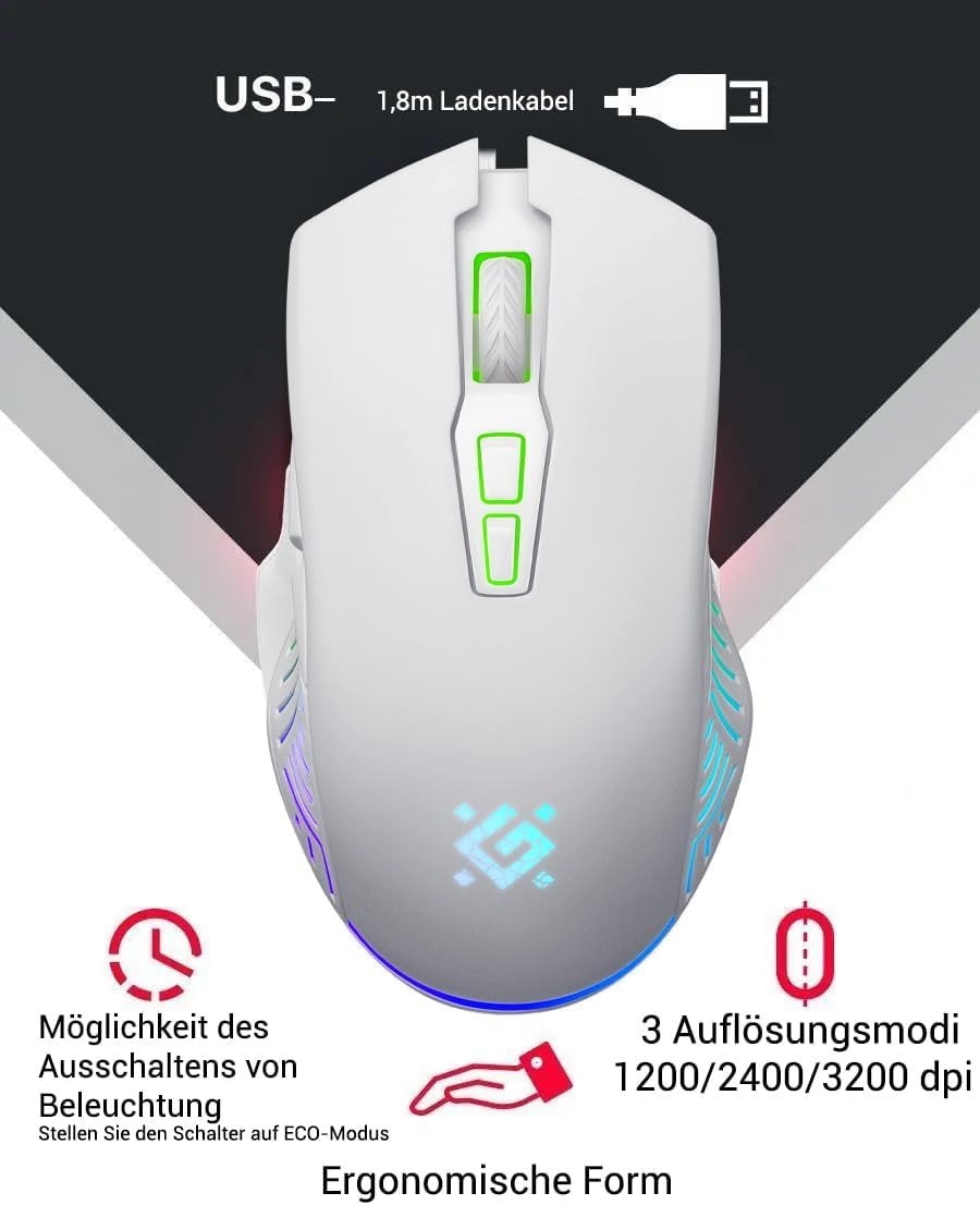 Defender® Pandora Kabellose Gaming Maus - Geräuschlose Klicks - 5 Programmierbare Tasten - Rgb-Beleuchtung(On/Off) - Bis Zu 120 Hrs Akkulaufzeit - Wireless Gamer Maus Für PC, Mac, Laptop, Weiß
