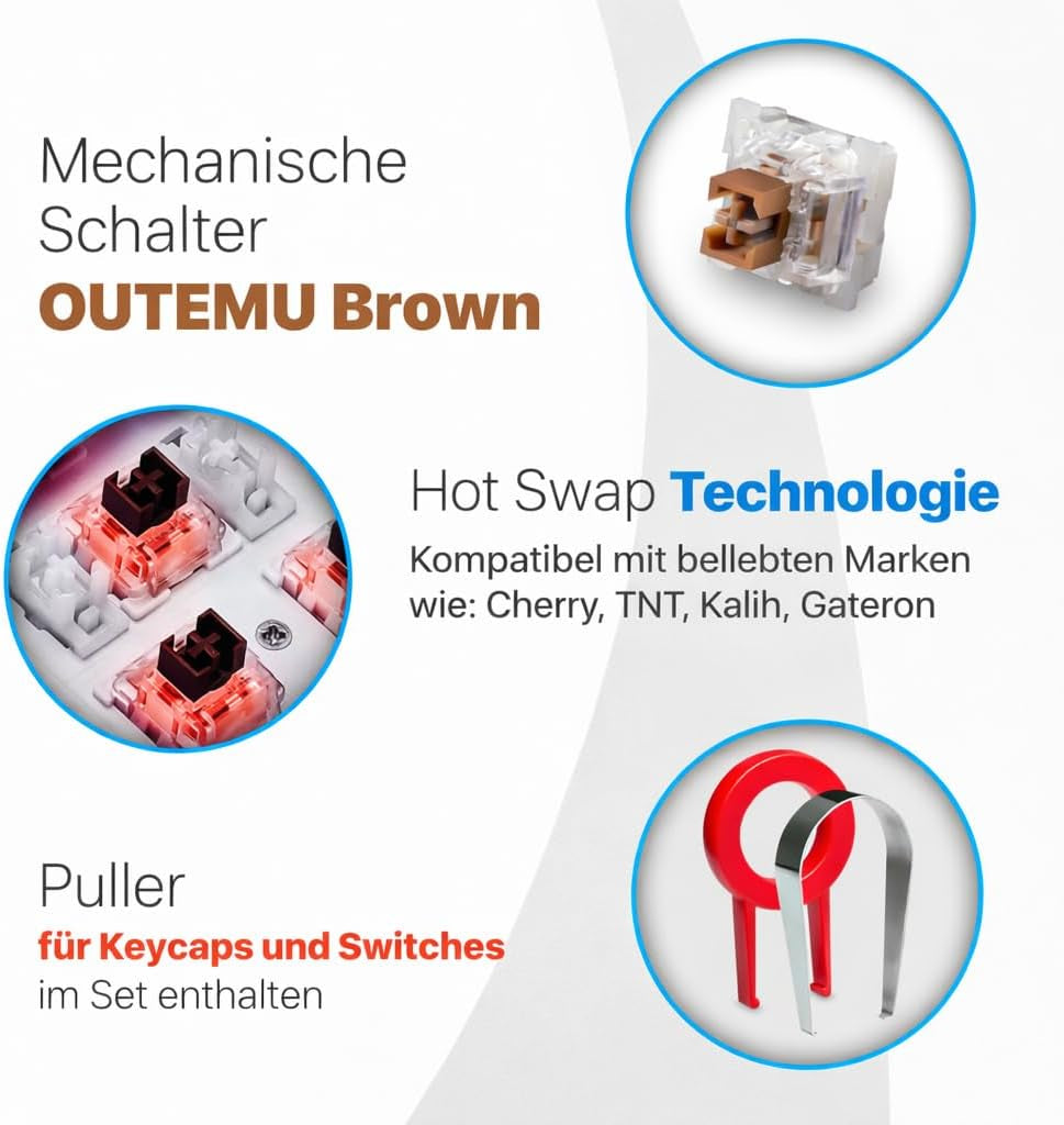 Defender® AMOX GK-585 Ultrakompakte Mechanische Tastatur – 61 Tasten Doppeleinspritzung + Hot Swap Auf OUTEMU Brown-Schaltern + Abnehmbares Typ-C-Kabel, Weiß