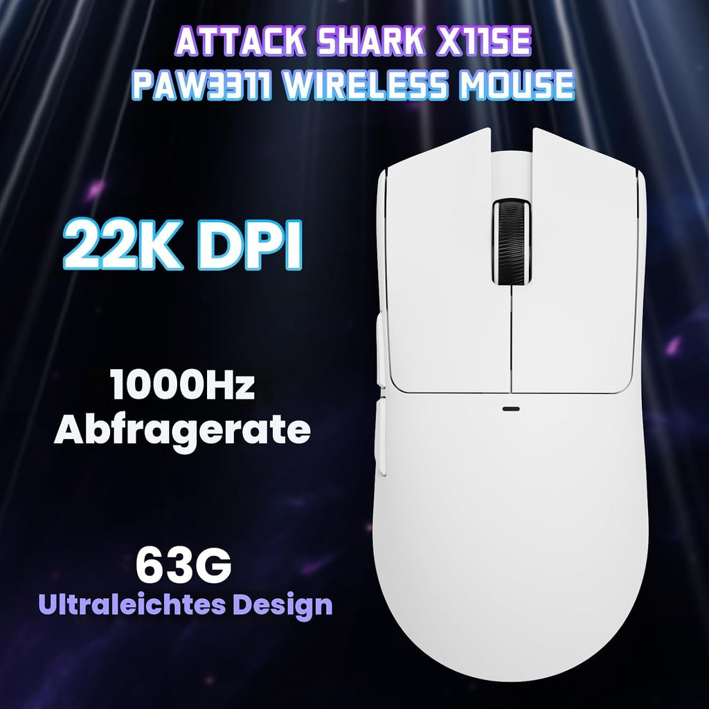 ATTACK SHARK X11SE Kabellose Gaming-Maus, 63G Superleicht, Mit Pixart Paw3311-Sensor, 22000 DPI, Tri-Mode BT/2,4 Ghz/Kabelgebunden, 1000Hz, 300Mah Battery, Dual-Treiber, Für Pc/Xbox/Ps/Mac, Weiß