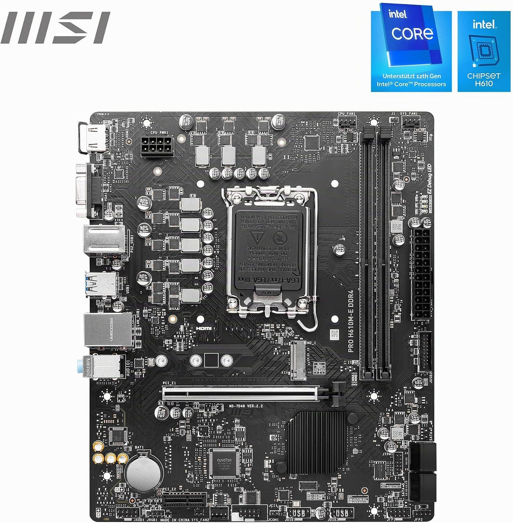 MSI PRO H610M-E DDR4 Motherboard, Micro-Atx - Unterstützt Intel 12Th Gen Core Prozessoren, LGA 1700-2X DIMM (3200Mhz), 1X Pcie 4.0 X16 Slot, 1 X M.2 Gen3, USB 3.2 Gen1, 1G LAN, HDMI 1.4 & VGA