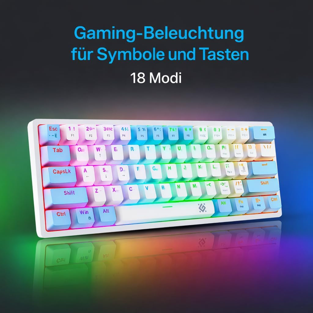 Defender® AMOX GK-585 Ultrakompakte Mechanische Tastatur – 61 Tasten Doppeleinspritzung + Hot Swap Auf OUTEMU Brown-Schaltern + Abnehmbares Typ-C-Kabel, Weiß
