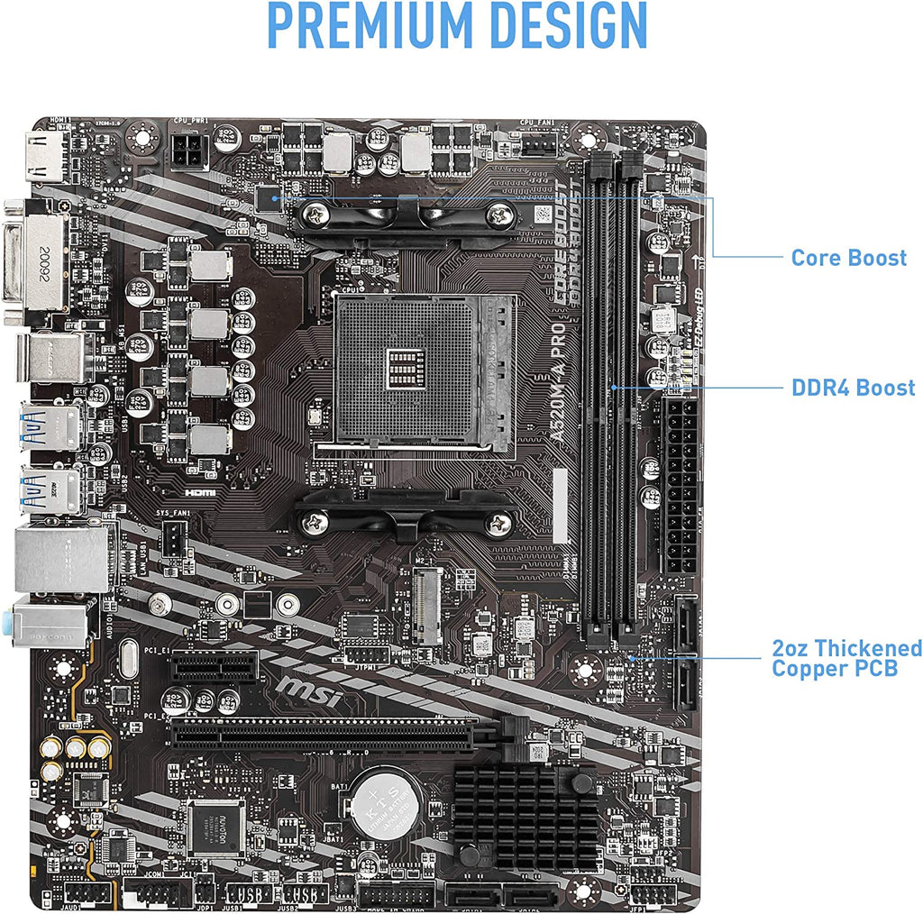 MSI A520M-A PRO Gaming Motherboard (AMD AM4, DDR4, Pcie 3.0, SATA 6Gb/S, M.2, USB 3.2 Gen 1, DVI/HDMI, Micro-Atx)