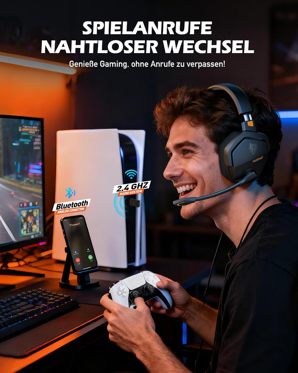 NUBWO G06 Dual Wireless Gaming Headset Mit Mikrofon Für PS5, PS4, PC, Mobile: 2.4 Ghz Wireless + Bluetooth - 100 Stunden - 50Mm -Treiber - Orange