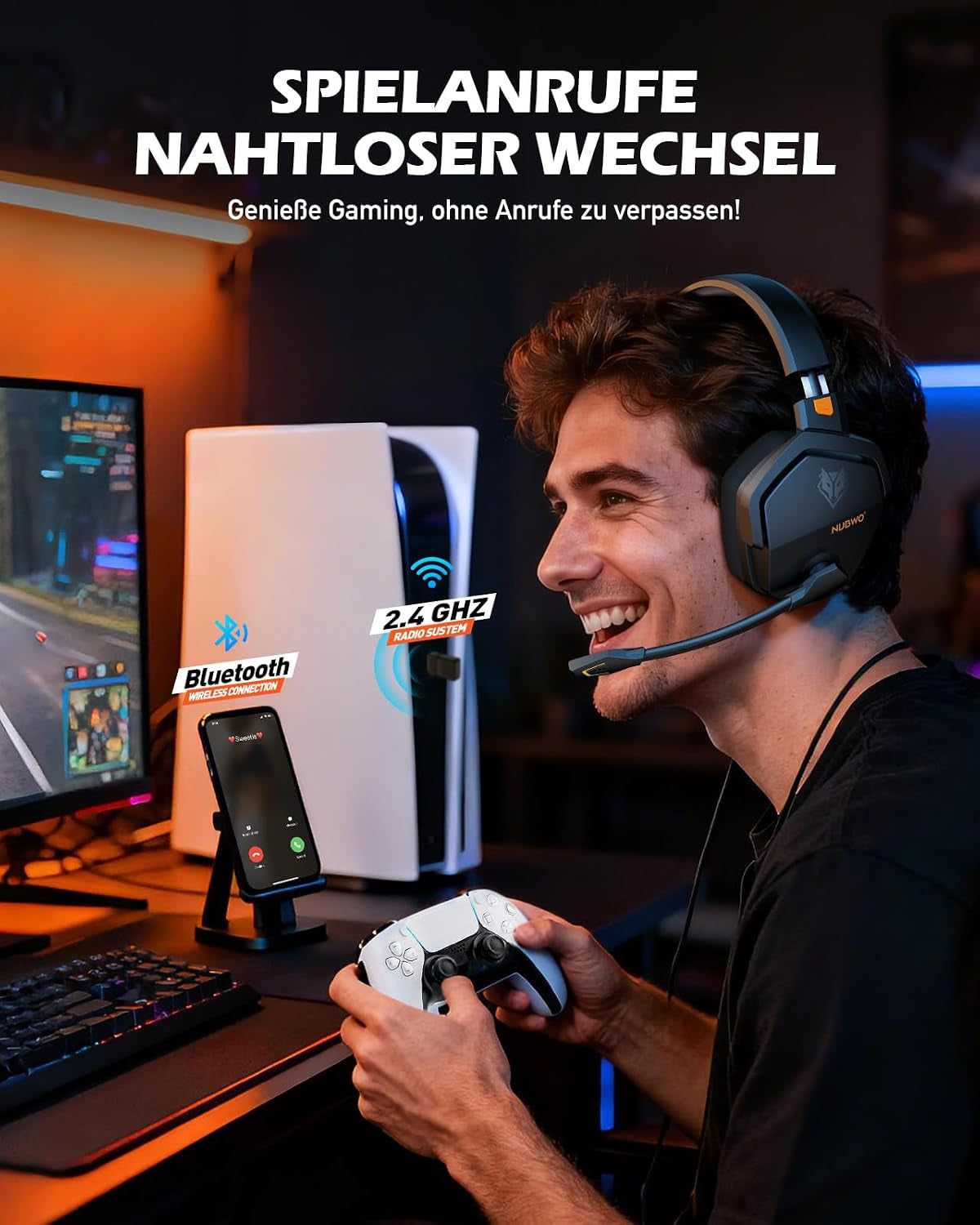 NUBWO G06 Dual Wireless Gaming Headset Mit Mikrofon Für PS5, PS4, PC, Mobile: 2.4 Ghz Wireless + Bluetooth - 100 Stunden - 50Mm -Treiber - Orange