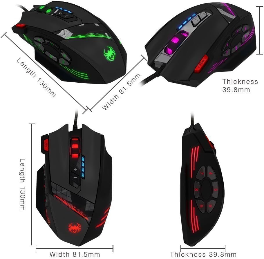 Zelotes Gaming Maus,4000Dpi,12 Programmierbare Tasten,8 Gewichtsblöcke,Ergonomische Design,Rgb Gamer Maus Mit Kabel,Für Pc,Mac,Computer,Laptop,Schwarz