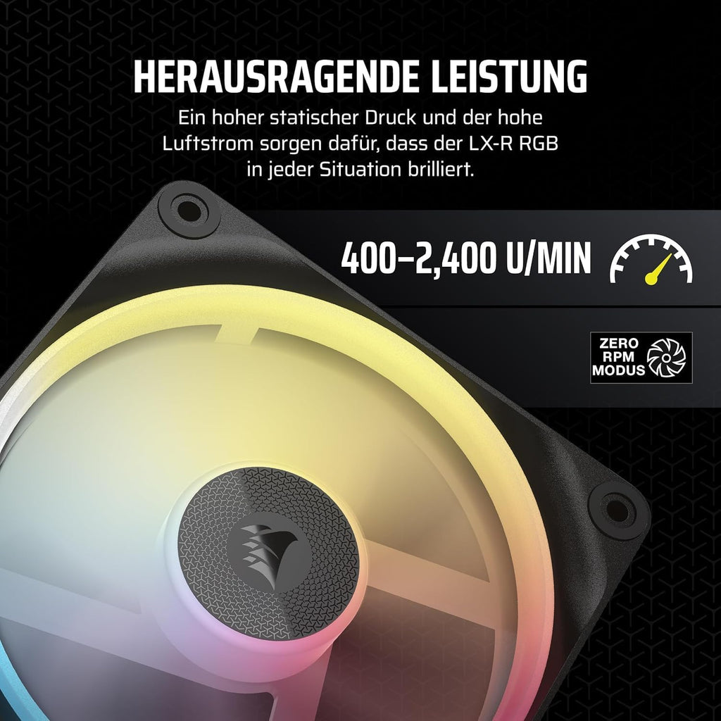 CORSAIR Icue LINK LX120-R RGB 120Mm Pwm-Umkehrlüfter – Dreifach-Lüfter-Kit – Geräuscharm, CORSAIR Magnetische Kuppellagerung, Zwei Lichtschleifen, Quikturn™-Schrauben, Null-Drehzahl-Modus – Schwarz