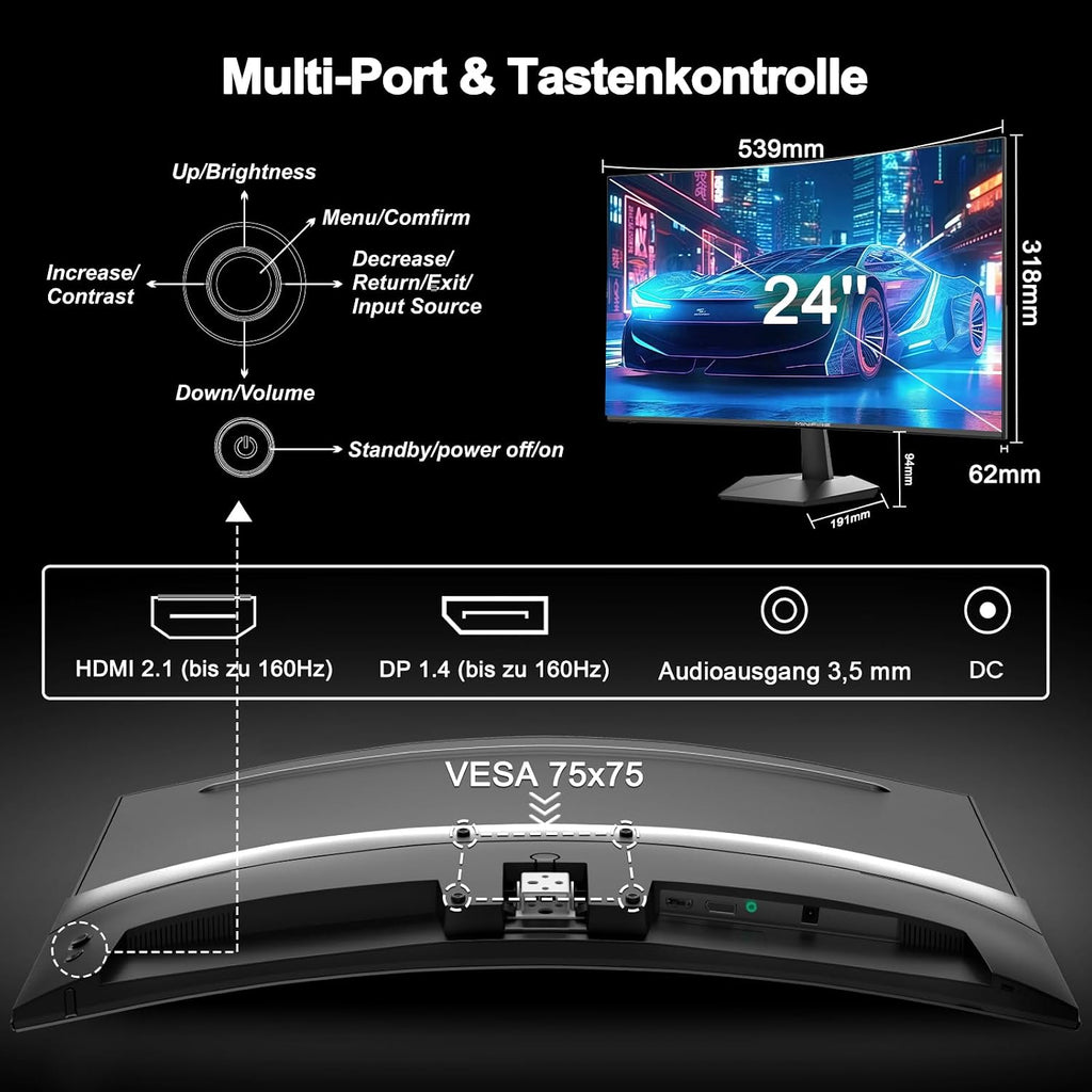 Minifire Gaming Curved Monitor 24 Zoll, 160Hz, Curved Gaming Monitor 1500R, 1Ms, Srgb110%, FHD 1080P Computer Screen, VESA Compatible, Eye Care Adaptive Sync HDMI＆DP Ports （MFG24C1L ）